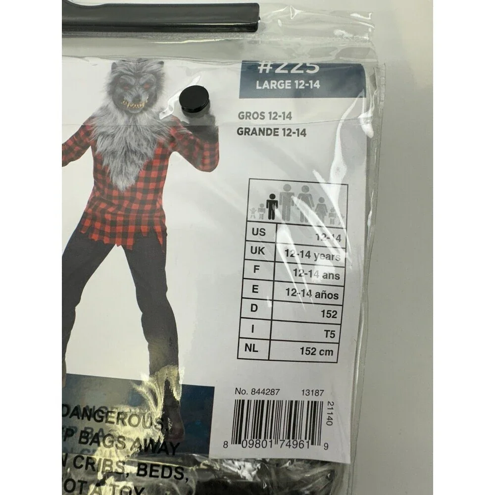 Hungry Howler Werewolf Costume Kids Large 12-14 Mask Gloves Shirt Fur New Tags